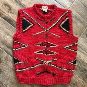 Banana Republic Vintage 80s Inca Hand Knit Wool Trekking Sweater Vest, Red,M
